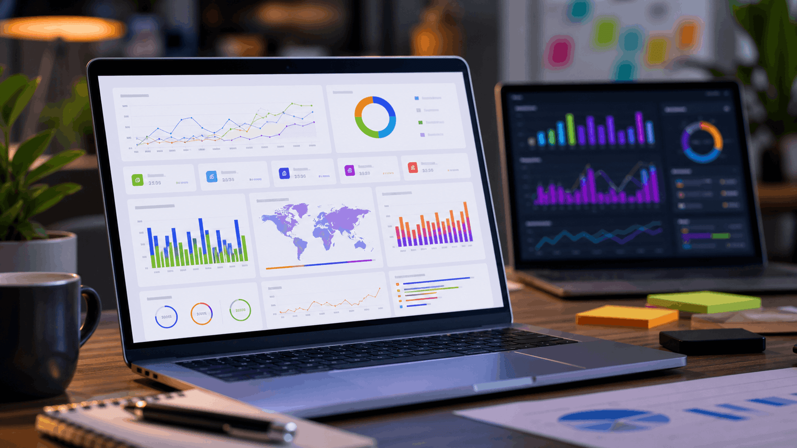 Laptop showing colorful marketing performance dashboards