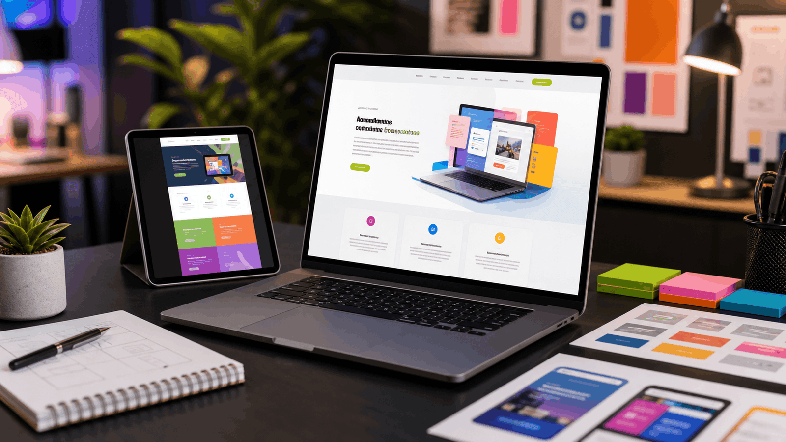 Laptop and tablet showing colorful website mockups