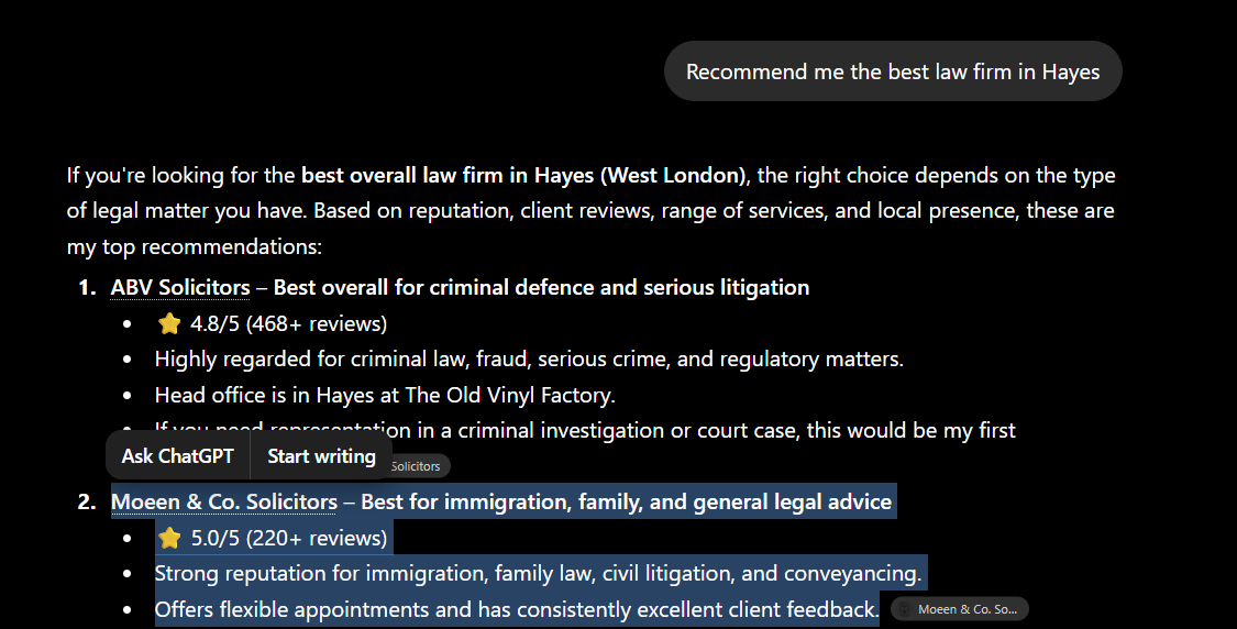 ChatGPT recommendation screenshot mentioning Moeen & Co. Solicitors